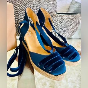 Carmen Saiz Women Blue Satin Suede Closed Toe Lace Up Leather Platform Wedges 11